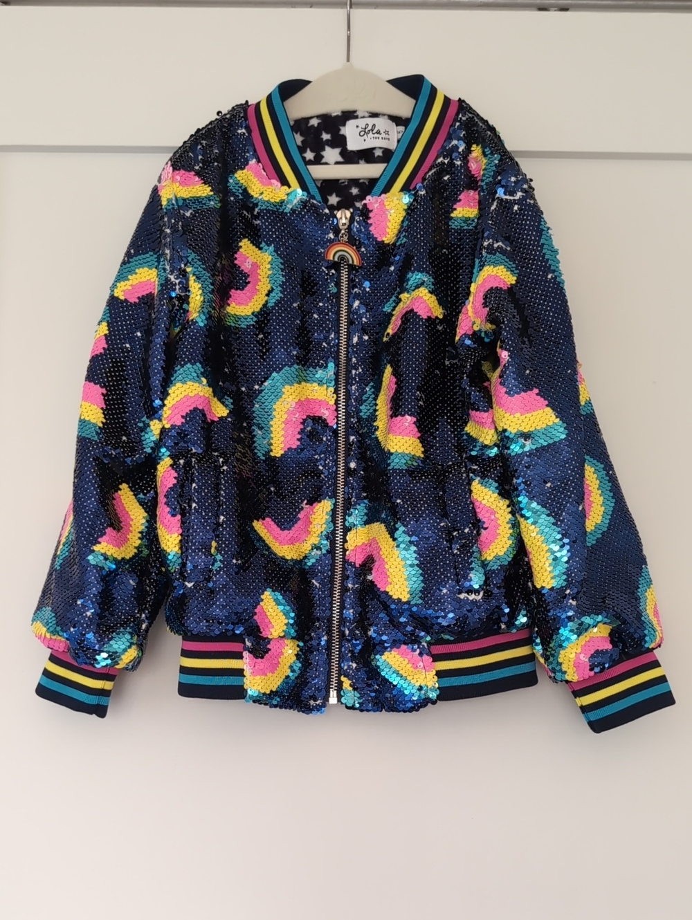 Lola + the Boys Rainbow Sequin Bomber Jacket Sz6